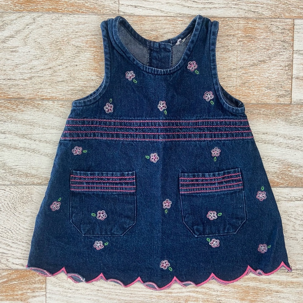 Vintage denim dress with embroidery and scalloped hem